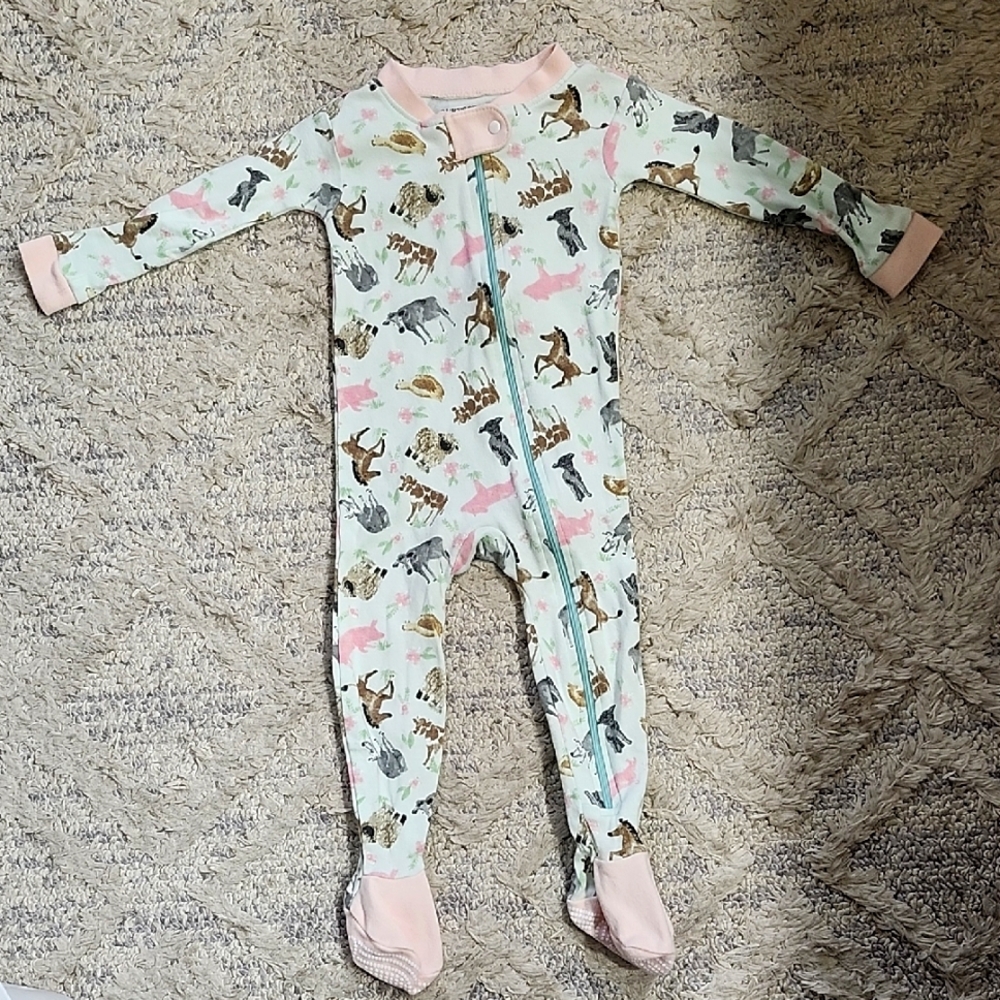 Burts Bees Baby Girls Zippered Footed Pajamas Sleeper Farm Animals Pink Size 12